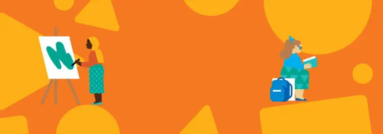 Figures of children painting and reading a book